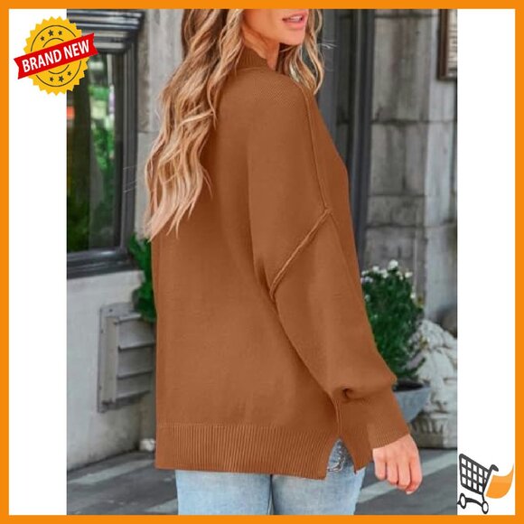 Oversized Ribbed Knit Pullover Sweater Long Sleeve Crew Neck Side Slit - Picture 4 of 7